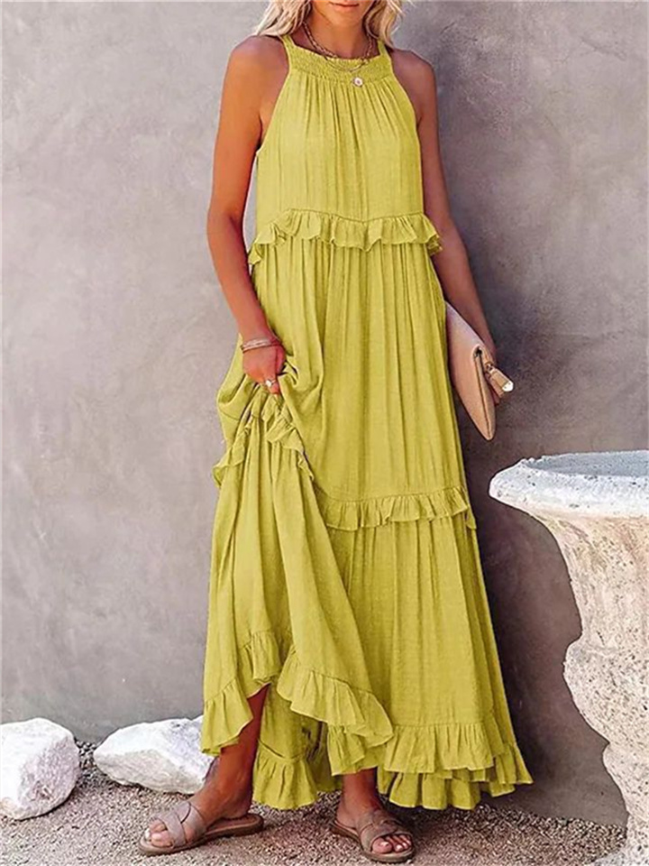 Summer New Holiday Style Ruffled Long Dress Sleeveless Round Neck Swing Elegant Beach Dress Women