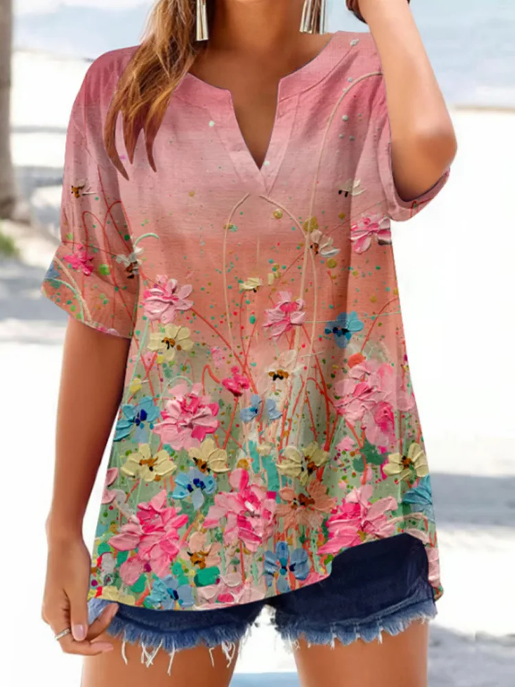 Women's Casual Breast Cancer Awareness Floral Print Cotton And Linen T-shirt