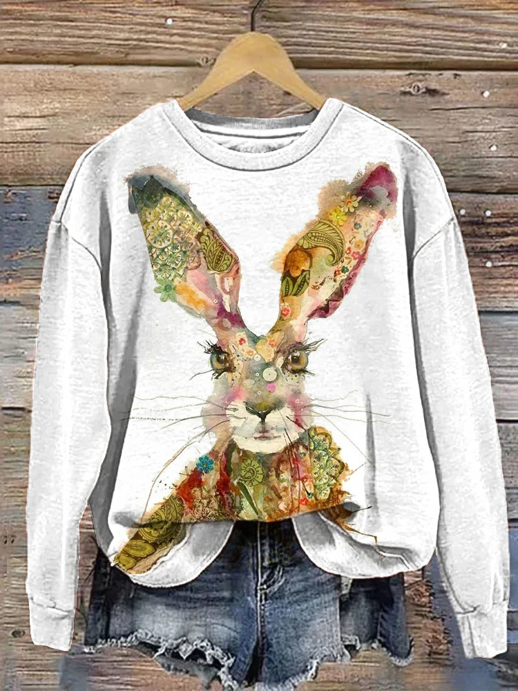 VChics Watercolor Bunny Art Painting Print Casual Cozy Sweatshirt
