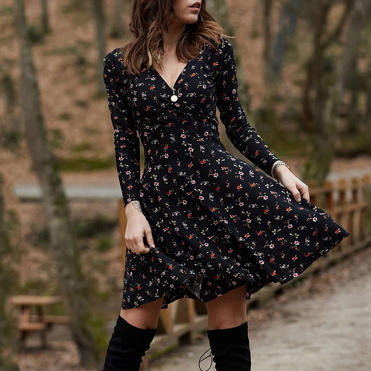 Fashion Floral Vintage Elegant Long Sleeve Loose A-Line Casual Dress