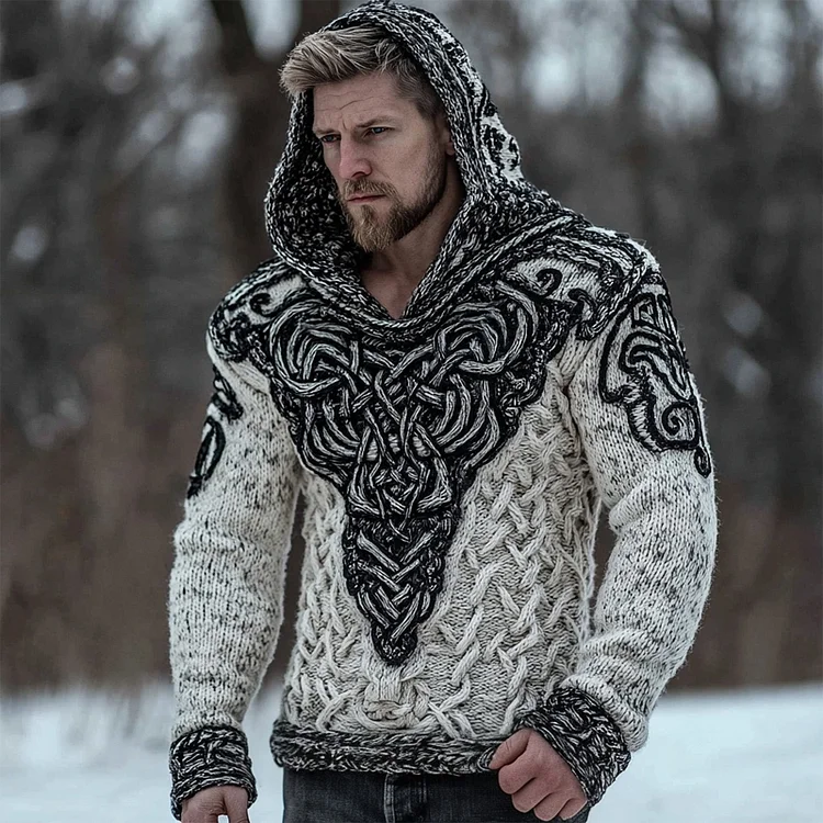 Men's Viking Inspired Celtic Chunky Knit Hooded Sweater