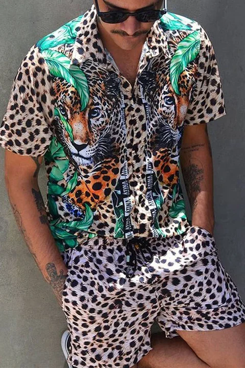 Tiboyz Outfits Leopard Print Shirt And Shorts Two Piece Set