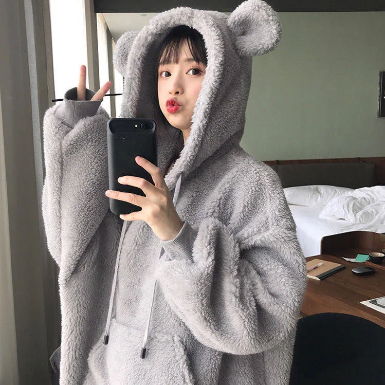 Kawaii Women Hoodies Pullover Girl Winter Loose Fluffy Bear Ear Hoodie Hooded Jacket Warm Outerwear Coat cute sweatshirt Girls