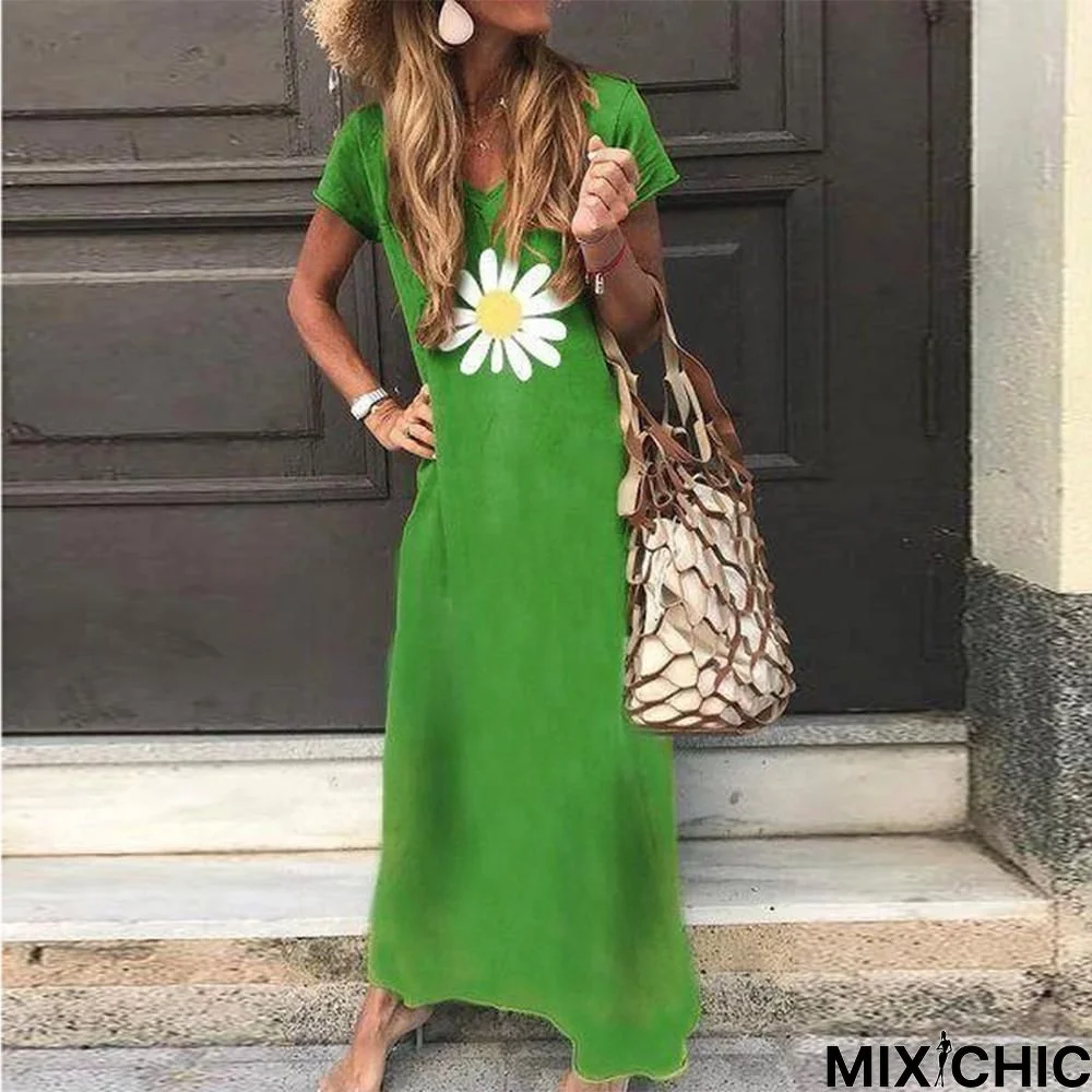 Simple V-Neck Short Sleeve Loose Printed Maxi Dress