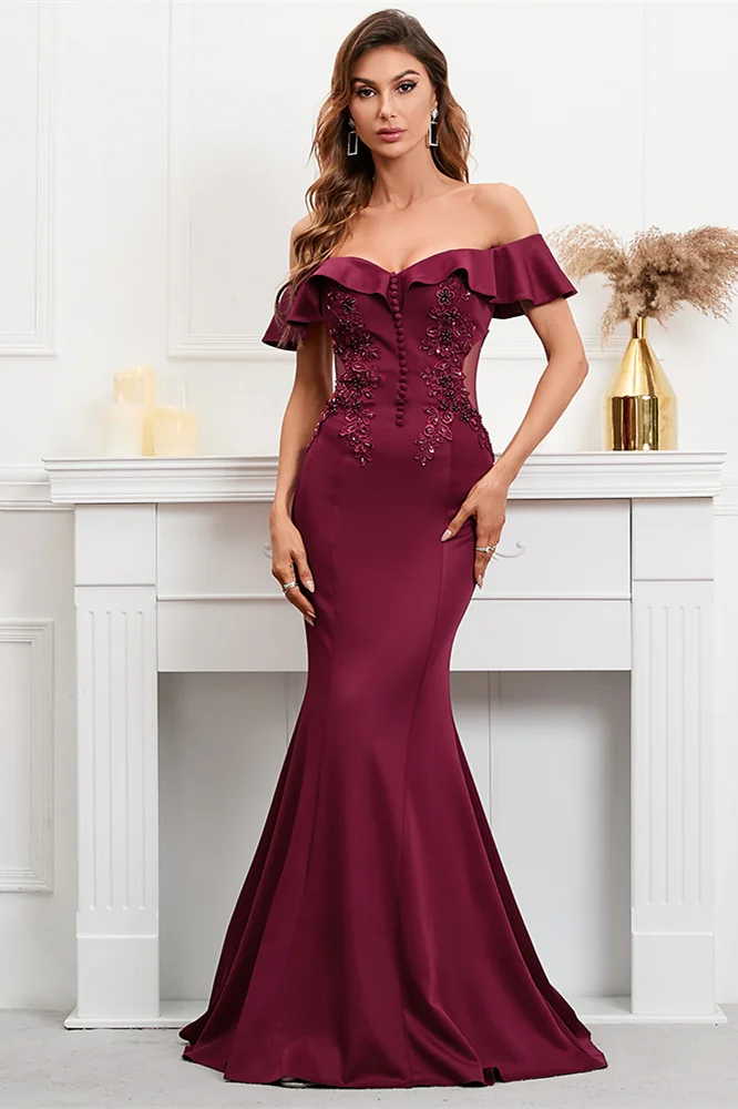 Daisda Burgundy Off-The-Shoulder Mermaid Appliques Evening Dress