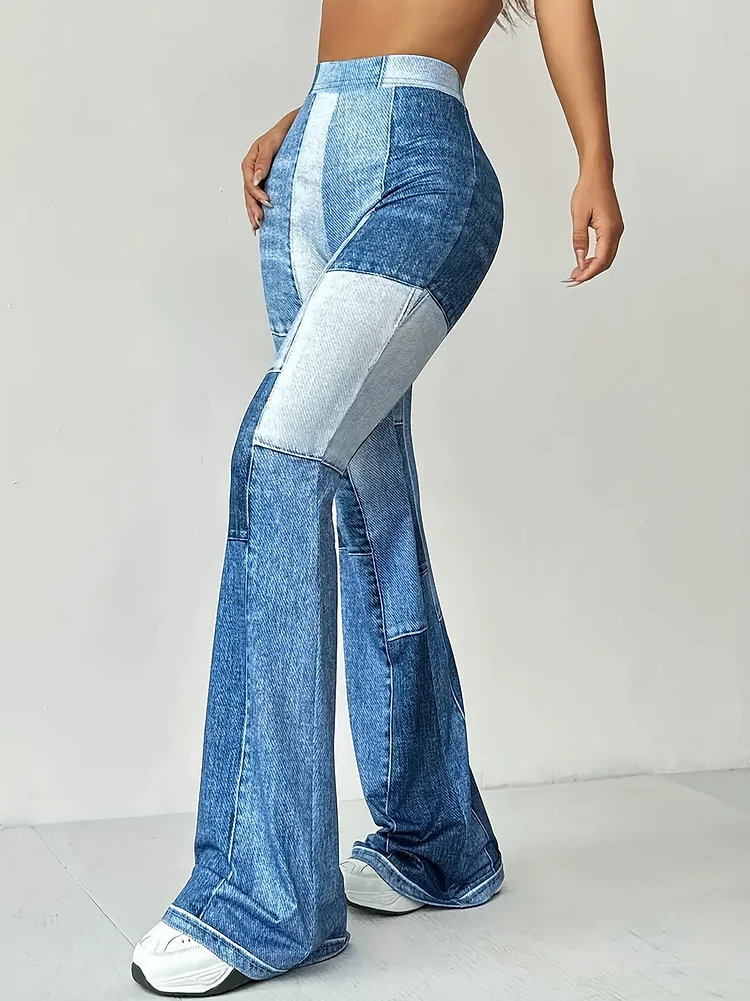Plus Size Women's High-Waisted Denim-Print Flared Pants - Stretchy Mid-Weight Fabric, Color-Block Design For Yoga, Hiking & Casual Wear - Machine Washable Spring/Summer Comfort, Yoga Apparel | Flared Bottom | Skinfriendly Material