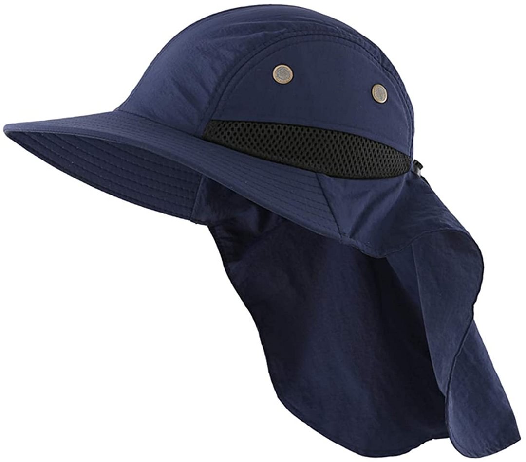 Mens Mesh Flap Sun Hat UPF50+ Wide Brim Breathable Outdoor Fishing Cap