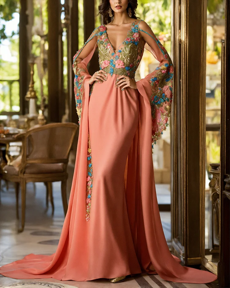 Women's V-neck embroidered kaftan Dress