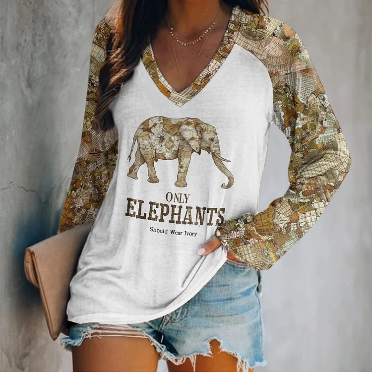 Comstylish Women's Only Elephants Should Wear Ivory In Map Print Long Sleeve Casual T-Shirt