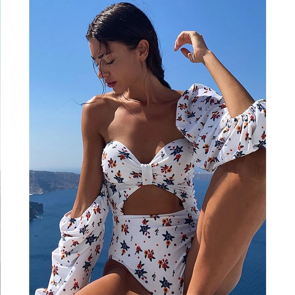 2021 New One Piece Swimsuit Print Retro Long Sleeve Swimwear Women Bandage Floral Bathing Suits Strappy Backless Beach Wear