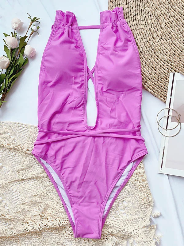 Solid Color Bandage Backless One-Piece Swimwear 