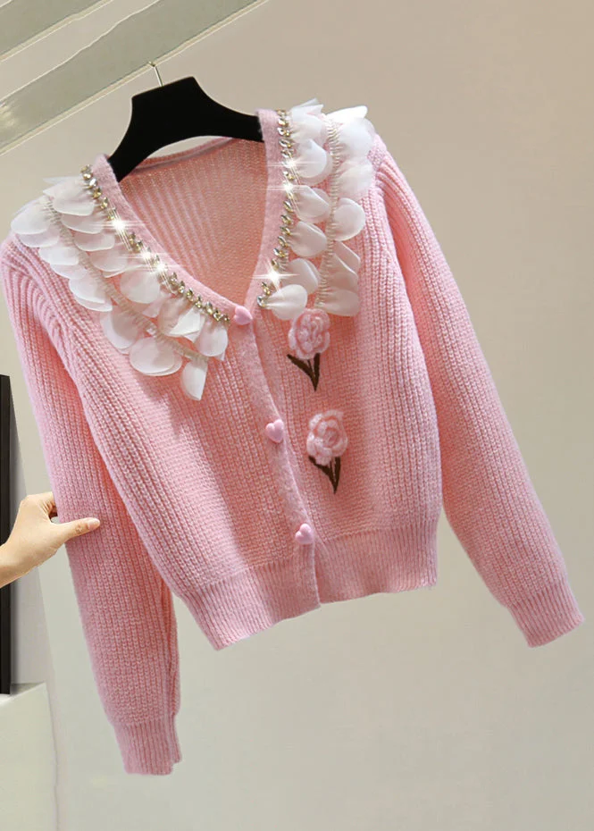 Cute Pink Zippered Patchwork Floral Cotton Knit Sweater Winter