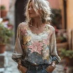 Women's Bohemian Lily Print Dyeing Linen And Hemp Gradient Crew Neck Long Sleeve Top - Image 2