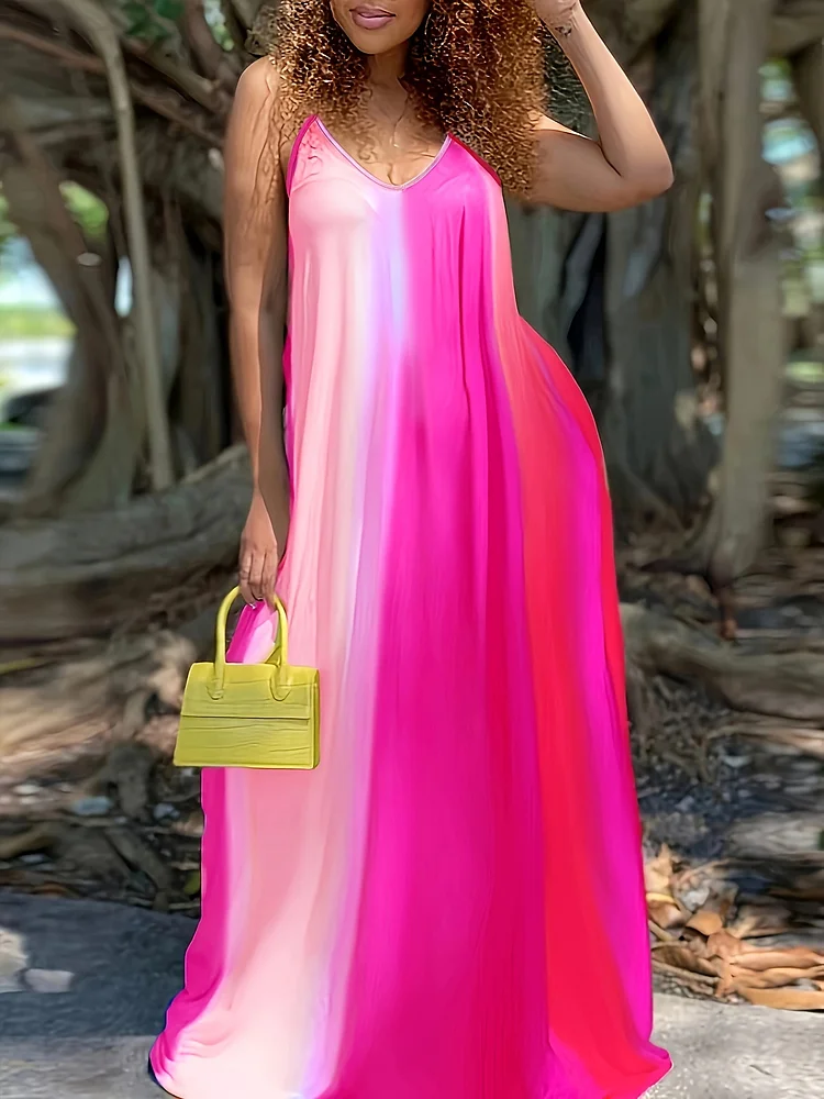 Women's Summer Sexy Deep V-Neck Tie-Dye Print A-Line Maxi Dress - Blue & Yellow Ombre Long Dress, Machine Washable Resort Vacation Beachwear, Beach Dresses, Stylish Outing Attire, Holiday Outfit, Easycare Fabric, Trendy Women