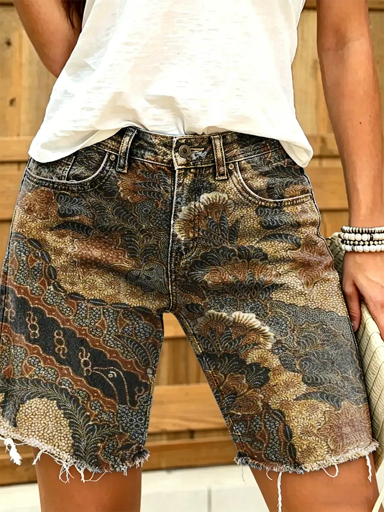Women's Paisley Floral Print Frayed Hem Denim Bermuda Shorts