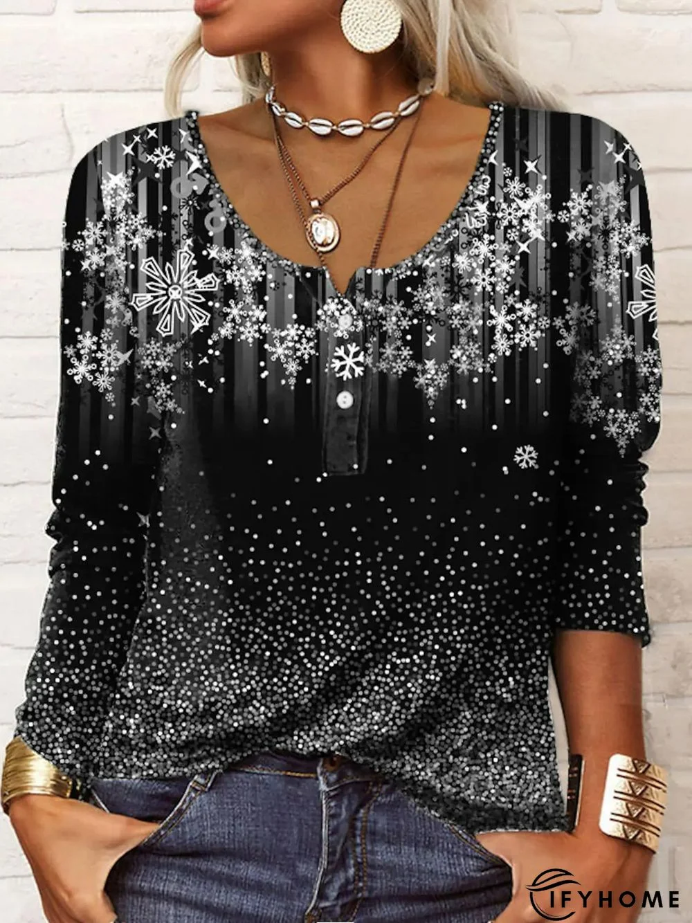 Casual Crew Neck Ombre Snowflake T-shirt | IFYHOME