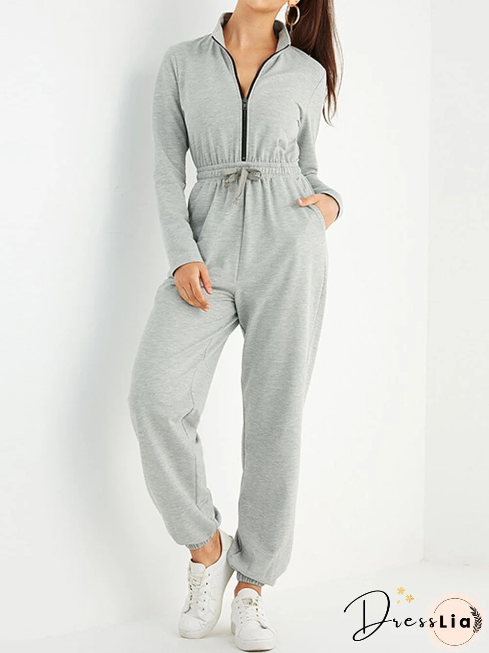 Solid Color Zipper Drawstring Pocket Long Sleeve Casual Jumpsuit for Women