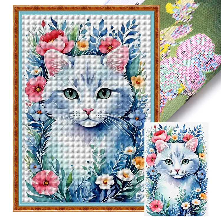 【Huacan Brand】Flowers And Cat 14CT Stamped Cross Stitch 35*50CM