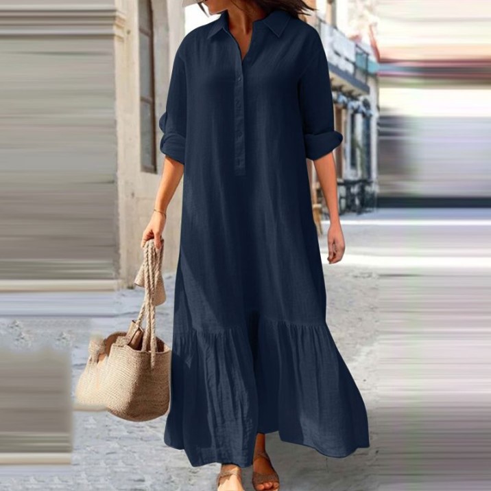 Mature Women Cotton And Linen Long Irregular Maxi Shirt Dress