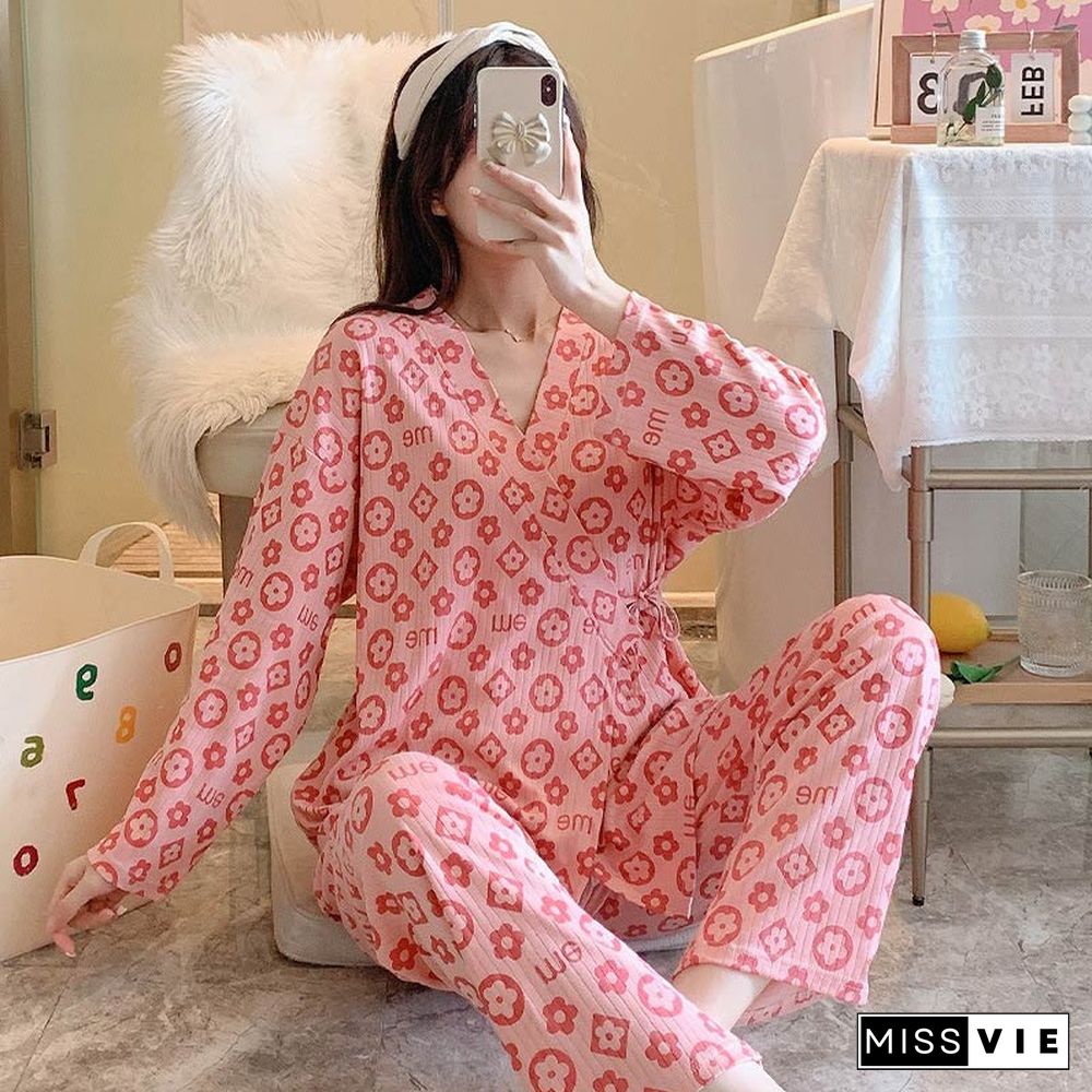 Small Flower Letter Cotton Pajamas Set