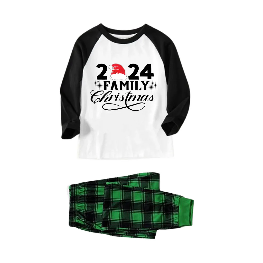 "2024 Family Christmas" Text Printed Green and Black Plaid Christmas Family Pajamas