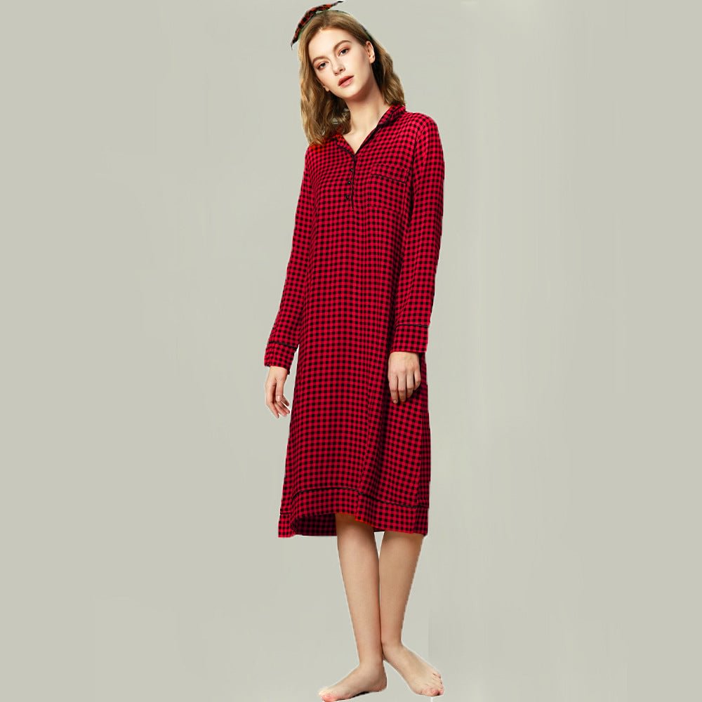 Nightdress Red Plaid Loose Midi Dress Home Suitable For Daily Wear
