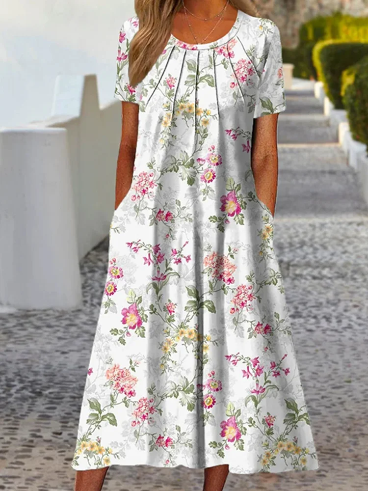 Flower Print Pocket Short Sleeve Maxi Dress