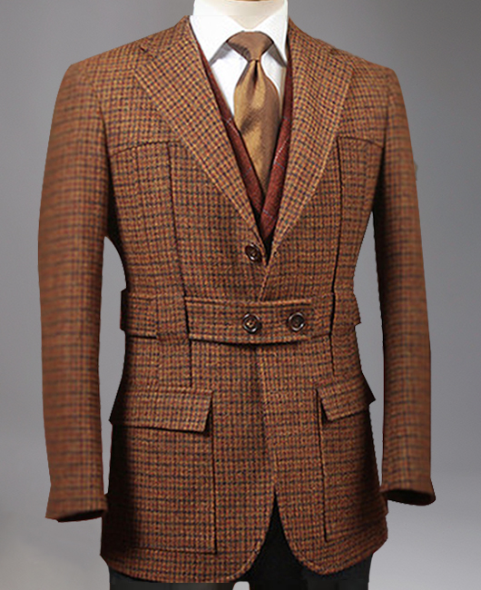 Business Tweed Notched Lapel Button Belt Design Plaid Jacket