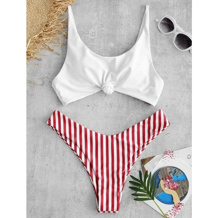 Sexy Striped Bikini Women Scoop Neck Front Tie Solid White Top Bra 2 Piece Swimsuit Summer Beach Bathing Suit Thong Swimwear
