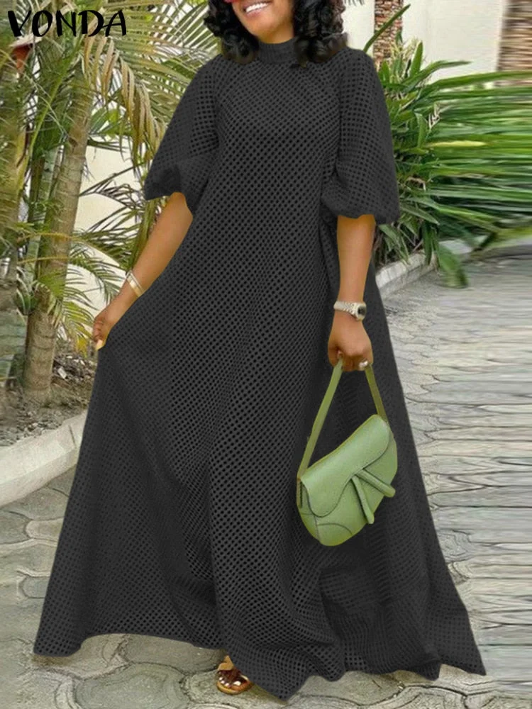 Summer Baggy Dress VONDA Women Casual O Neck Half Sleeve See Through Long Maxi Dresses Femme Pleated Puff Sleeve Beach Sundress