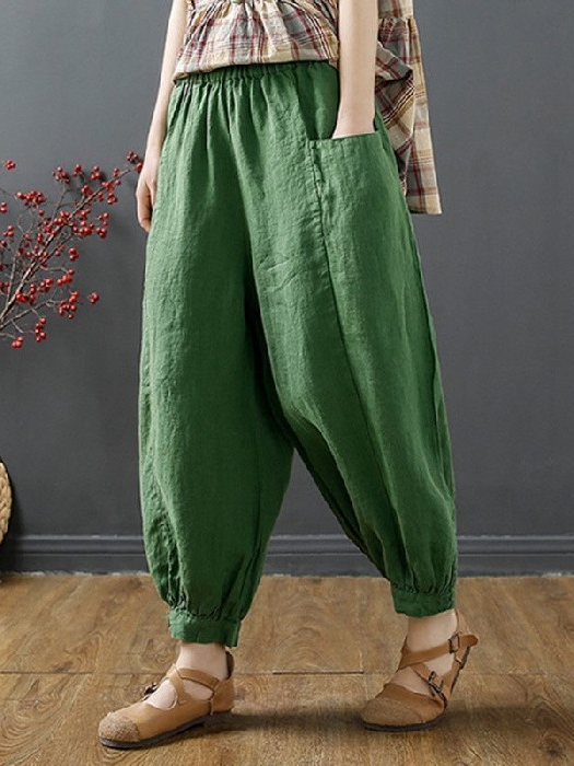 Women's Cotton Linen Elastic Waist Loose Pocket Loose Harem Pants