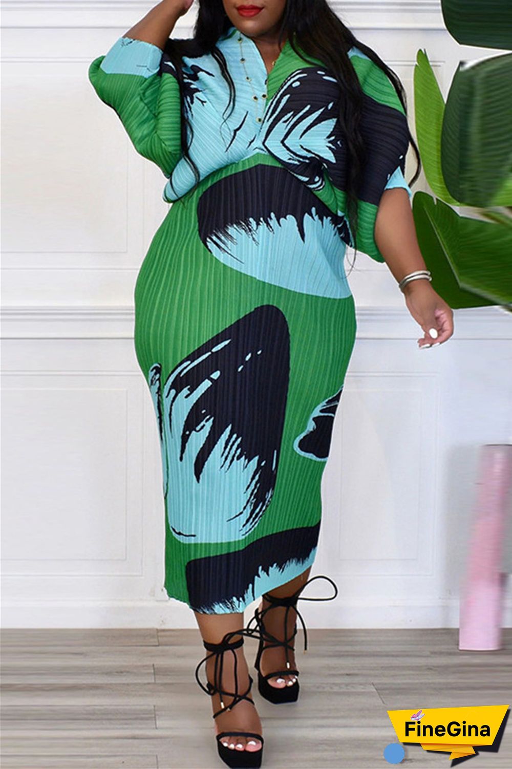 Pink Purple Casual Print Patchwork V Neck Pencil Skirt Plus Size Dresses