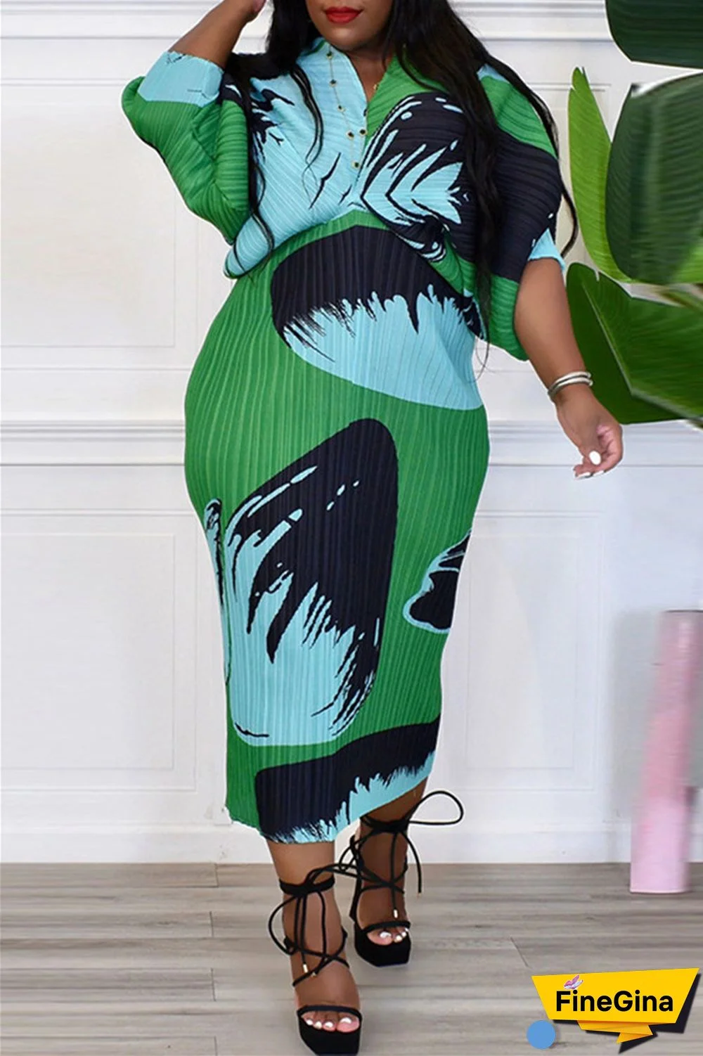 Pink Purple Casual Print Patchwork V Neck Pencil Skirt Plus Size Dresses