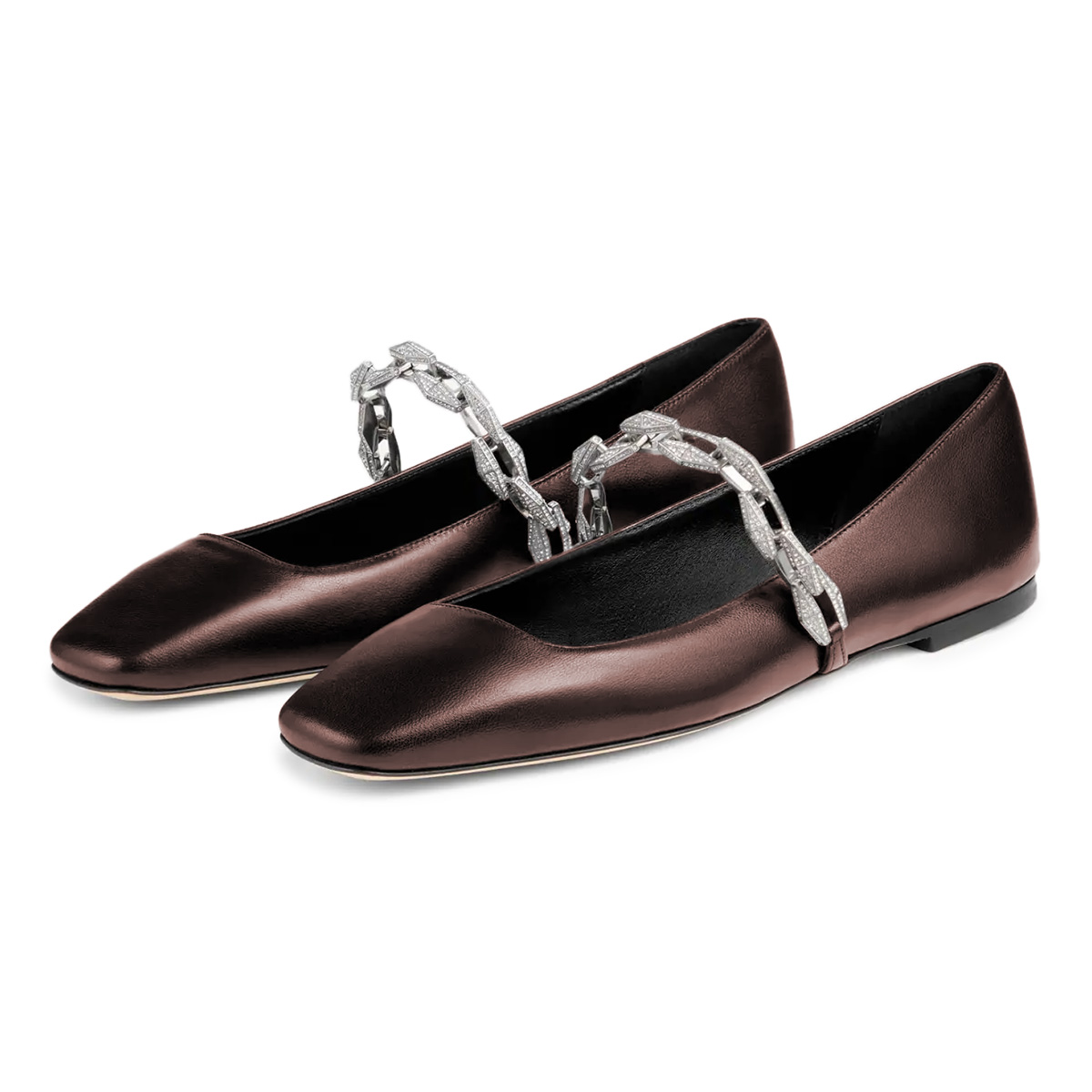 Brown Slip-On Square Toe Rhinestone Chain Ballet Flats with Straps Nicepairs