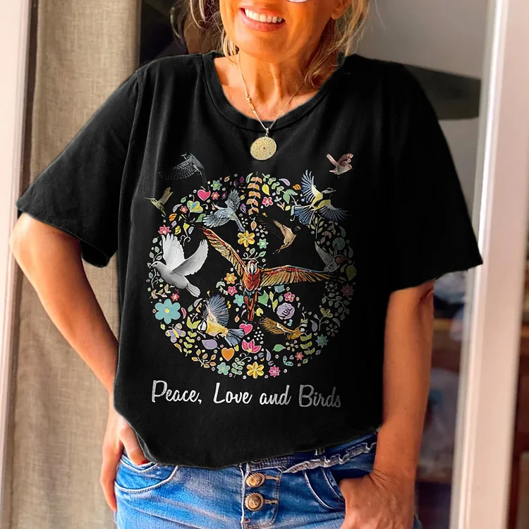 Peace, Love And Birds Print Hippie T-shirt socialshop