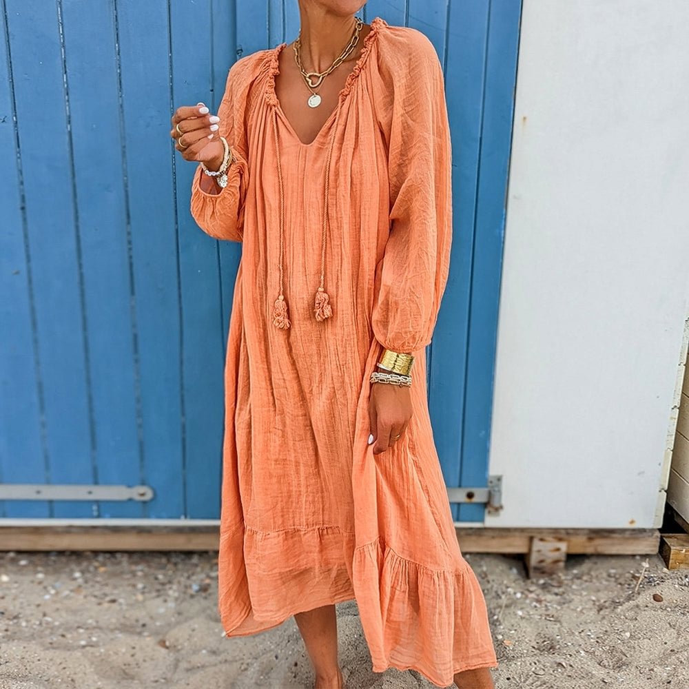 Orange Plain Long Sleeve Midi Dress