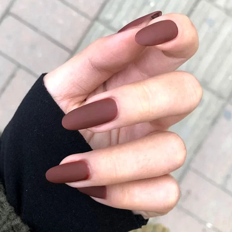 24pcs/box Khaki Pure Color Frosted Ballet matte Fake Nail press on Wearable Detachable Nail Tip Long Healthy full cover for Girl-Nail Inspo