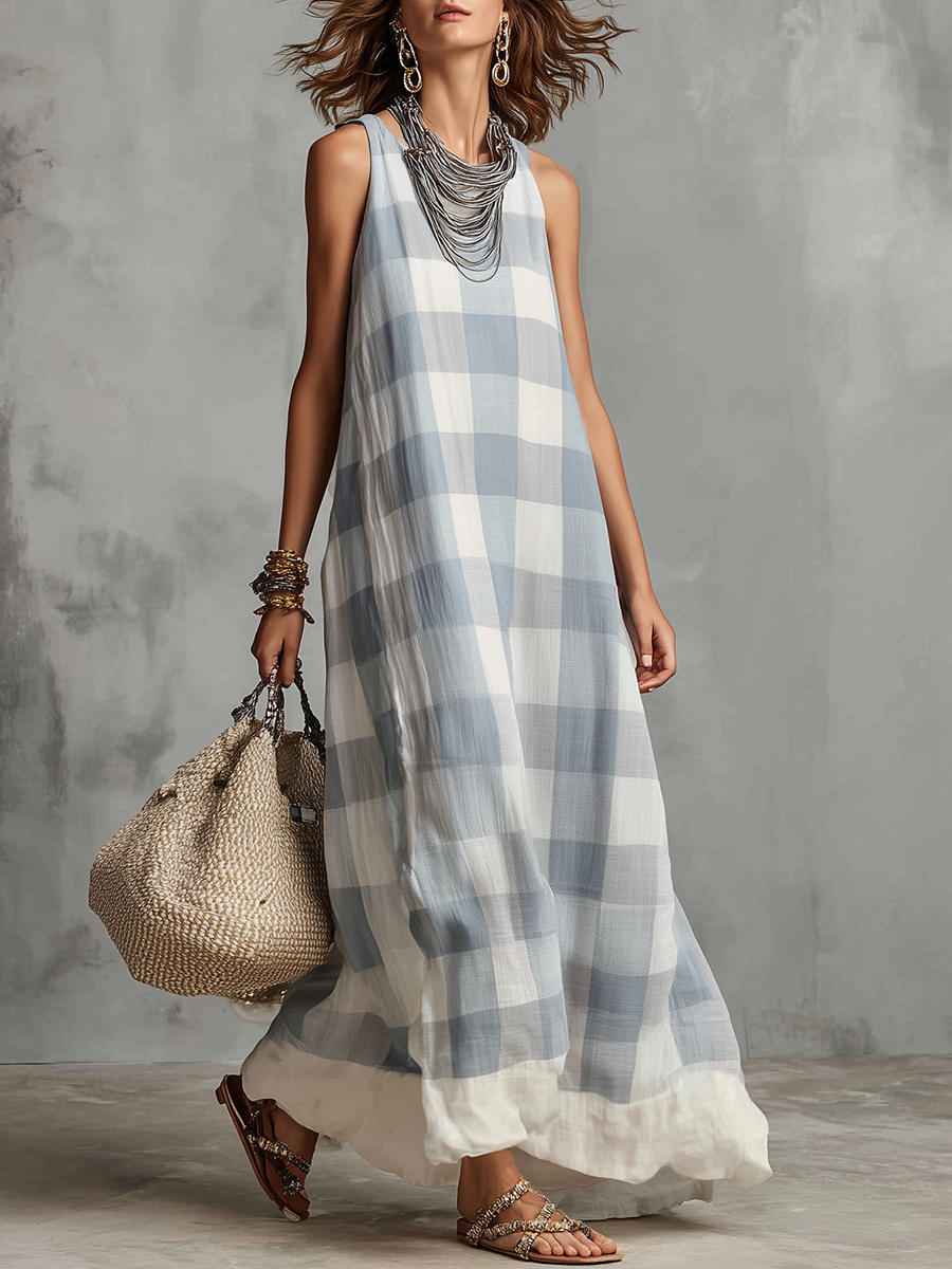 Casual Blue And White Checkered Sleeveless Long Dress - view 1