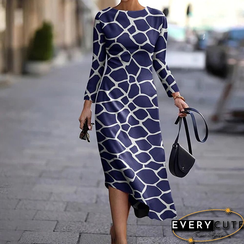 Elegant Long Sleeve O Neck Dress Women Autumn Fashion Floral Printed Asymmetric Dress Casual Slim Office Ladies Dresses New