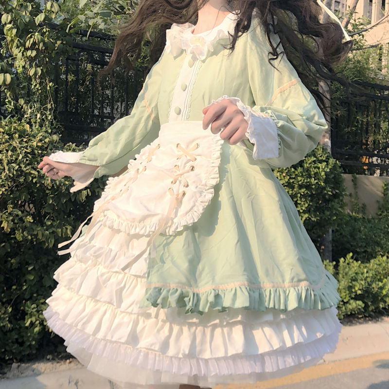 Payietm fancy dresses long Lolita Sweet Autumn New Women's Peter Pan Collar Spliced Color Lace Ruffles Bow Luxury Loose Fashion Long Sleeve Lacing Dress Dresses