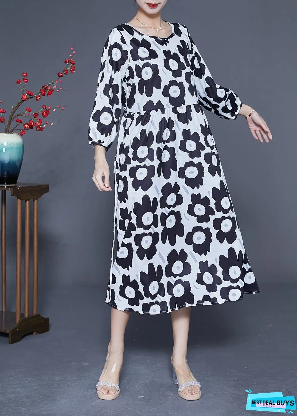 Unique Black O-Neck Sunflower Print Silk Dresses Bracelet Sleeve