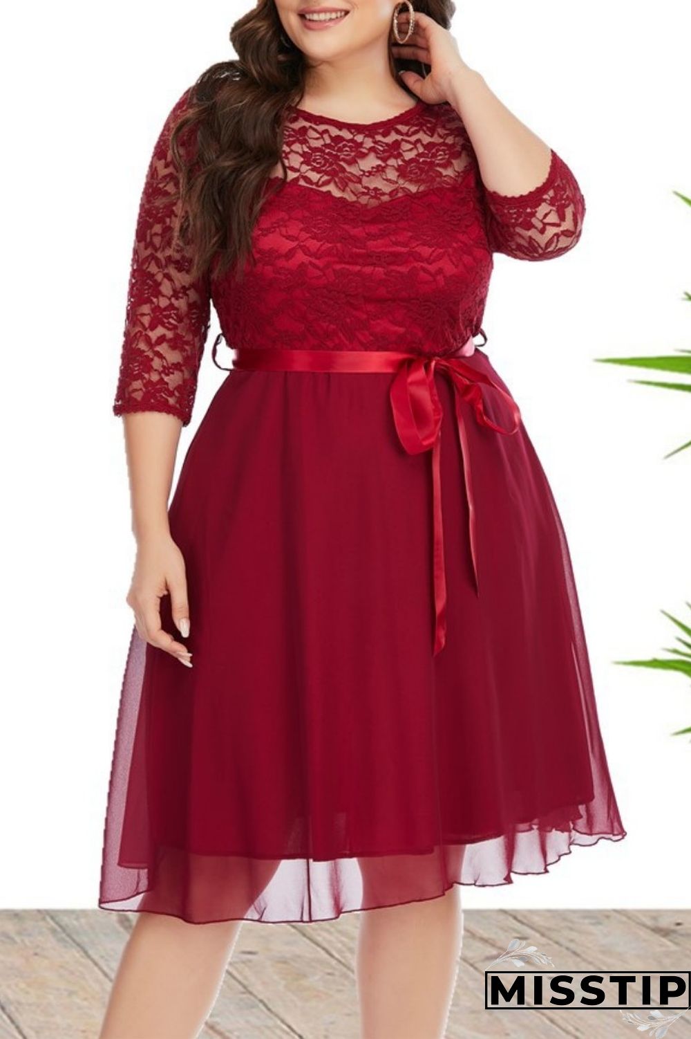 Burgundy Casual Solid Patchwork O Neck A Line Plus Size Dresses