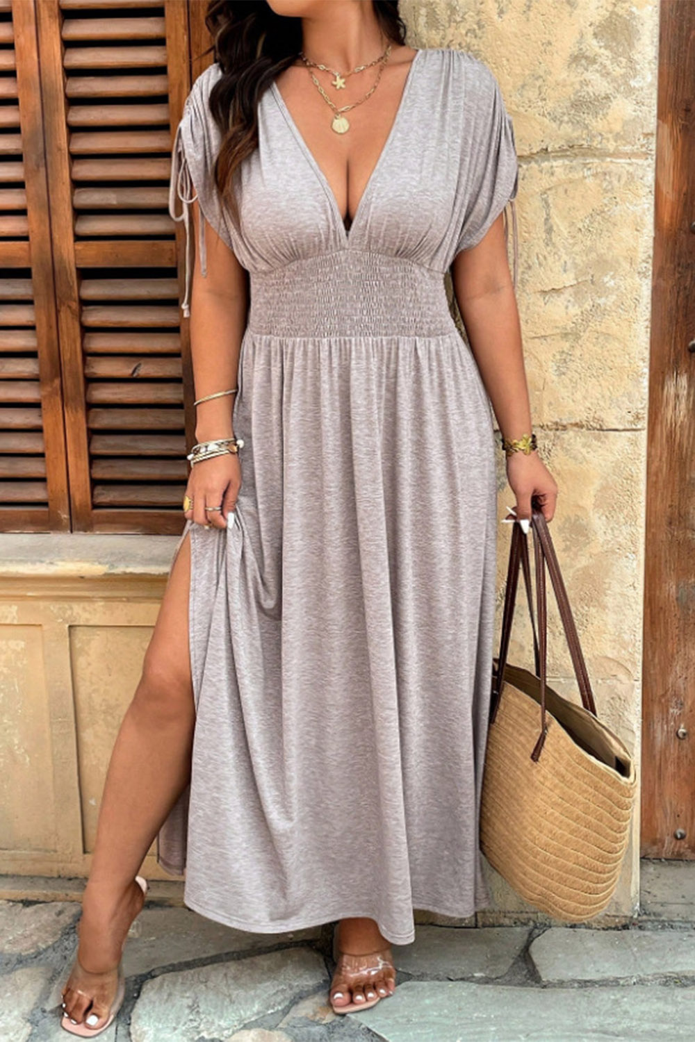 Plus Size Vacation Light Gray Lace-Up Sleeve Tunic Slit Maxi Dress 2024 - Flycurvy 