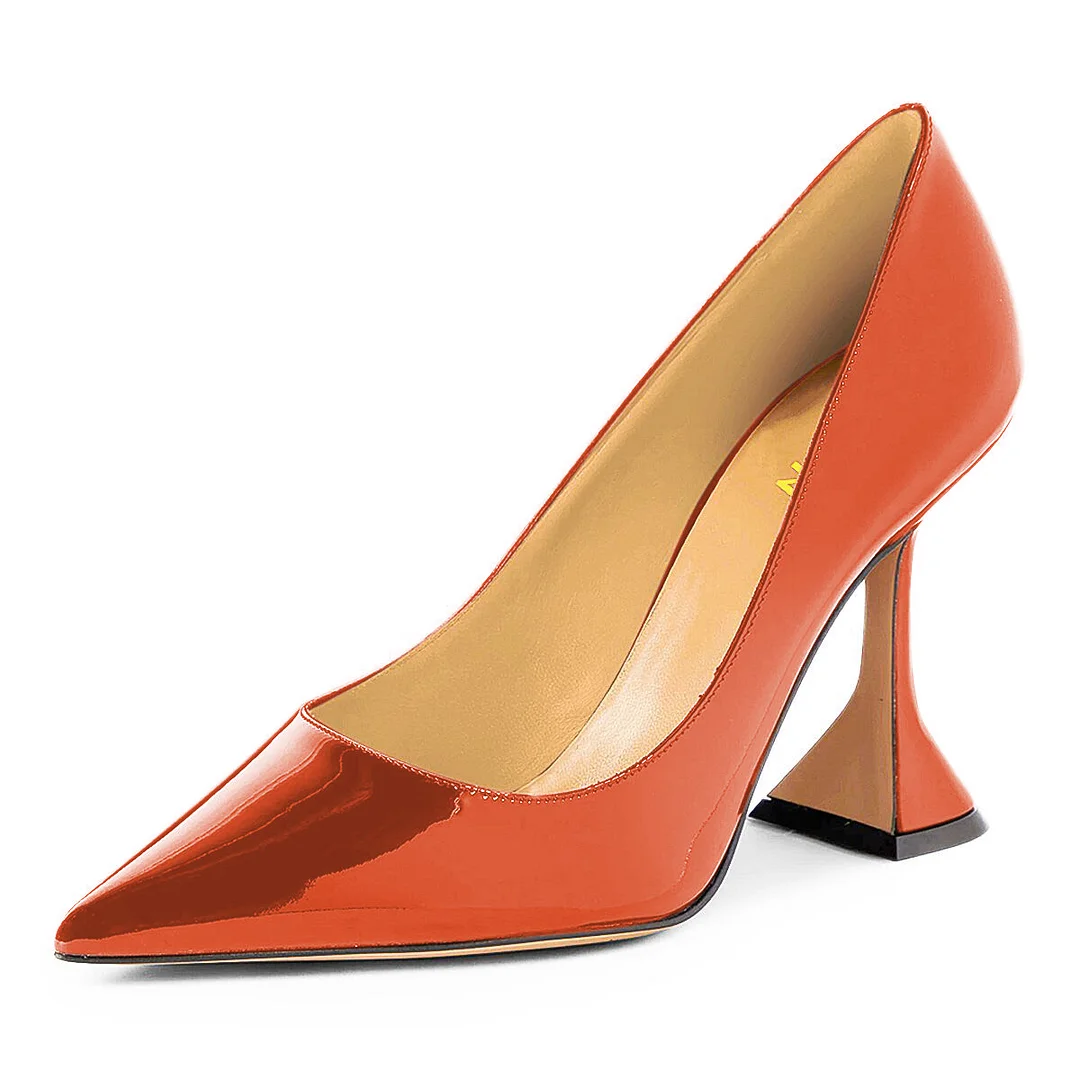 Orange Patent Leather Metallic Finish Pointed Toe High Heel Pumps