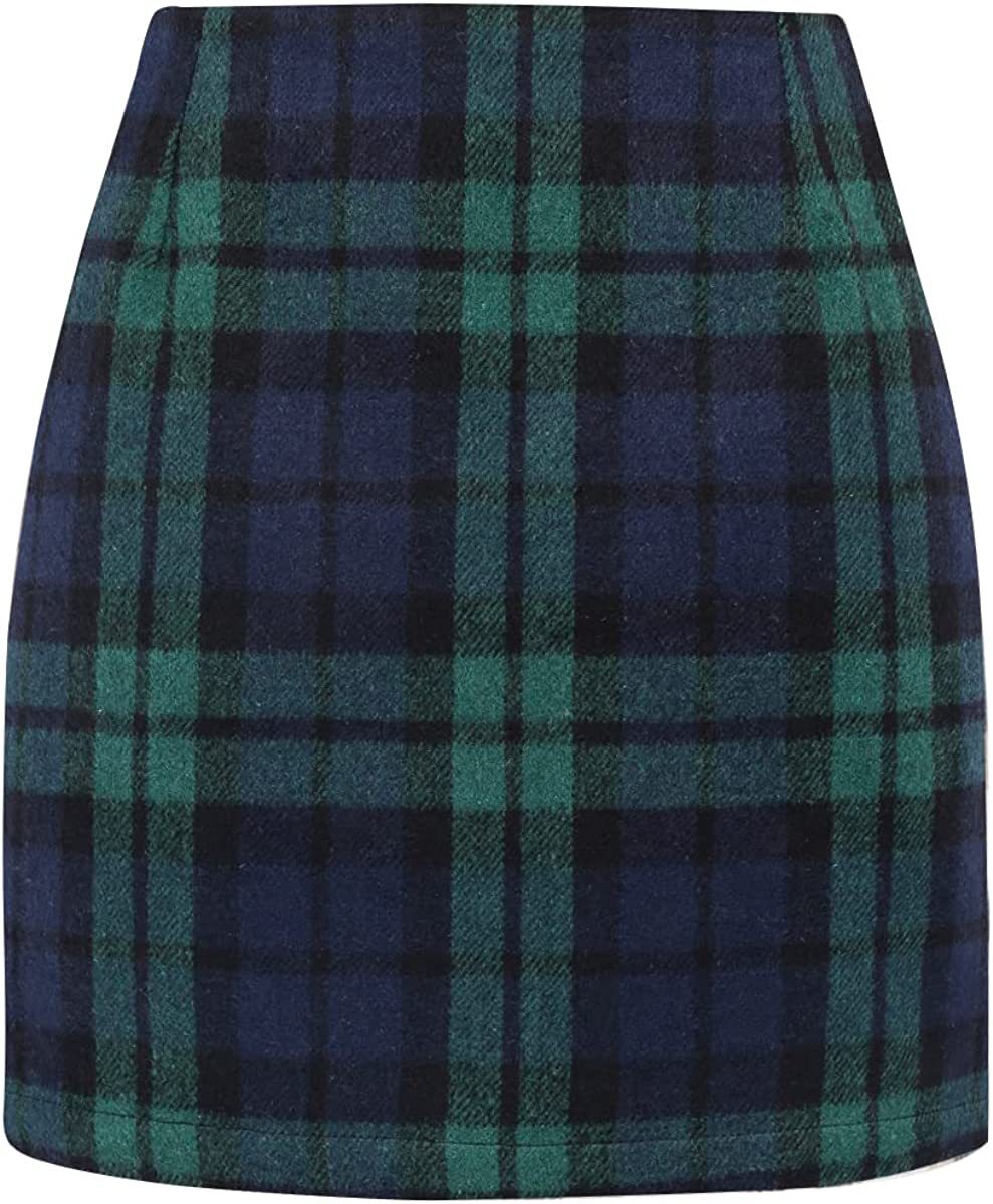 Women's High Waist Plaid Skinny Wool Mini Skirt