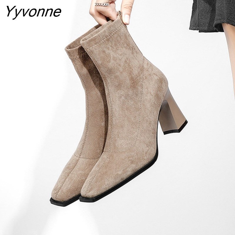 Yyvonne 2022 Winter New Women Ankle Boot Fashion Suede square Toe Ladies Elegant Short Boots Square High Heel Chelsea Pumps