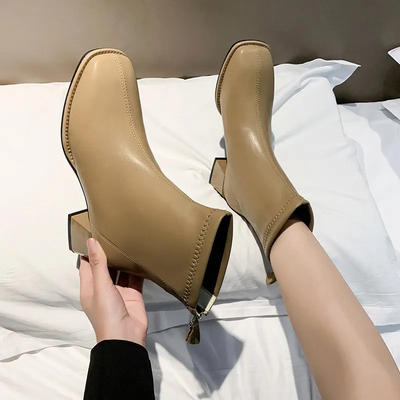 Yyvonne Head Thick And Short Boots Women's Shoes Senior Spring And Autumn With Low Cylinder Elastic Lean Women's Boots English Style Fashion Short Boots