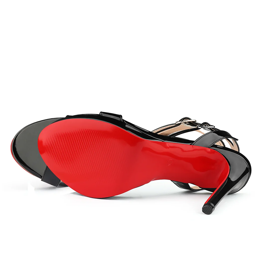 120mm Women's Low Platform Sandals Round Open Toe Red Bottom Ankle Straps Pumps-MERUMOTE