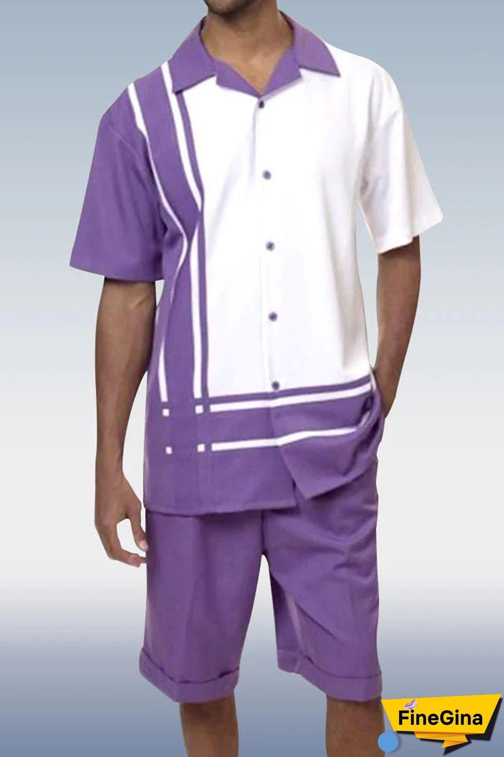 Black White Two Piece Short Sleeve Print Walking Suit Set With Shorts