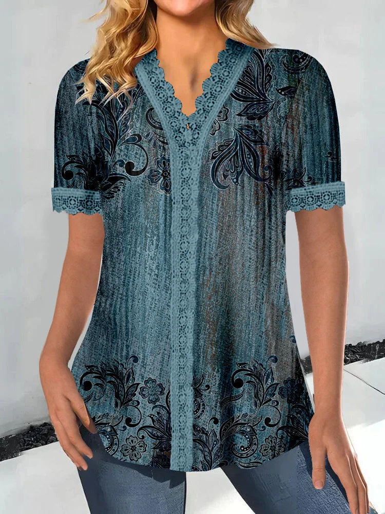 Women Short Sleeve V-neck Floral Printed Graphic Lace Tops